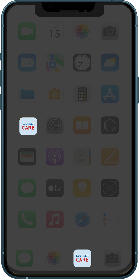 Smartphone-Bildschirm mit Apps und zwei Icons von Kuchler Care.